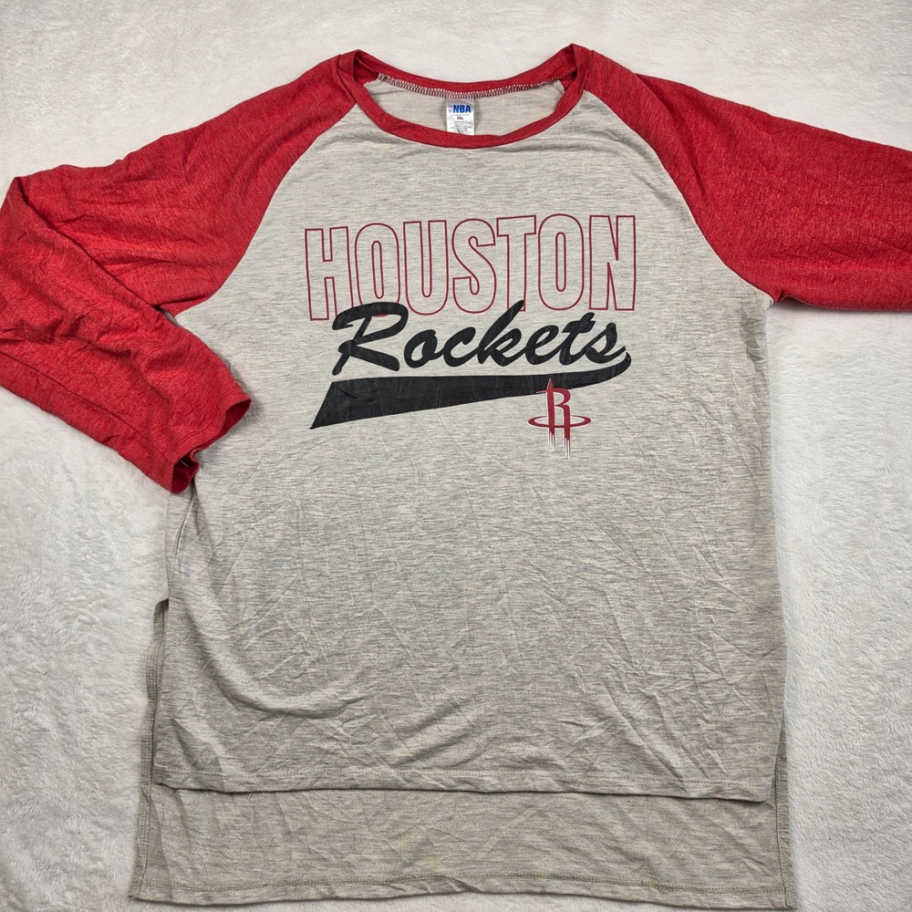 Houston Rockets Shirt Mens XXL Gray Red Excellent NBA Raglan High-Low Sleeve - Picture 2 of 6